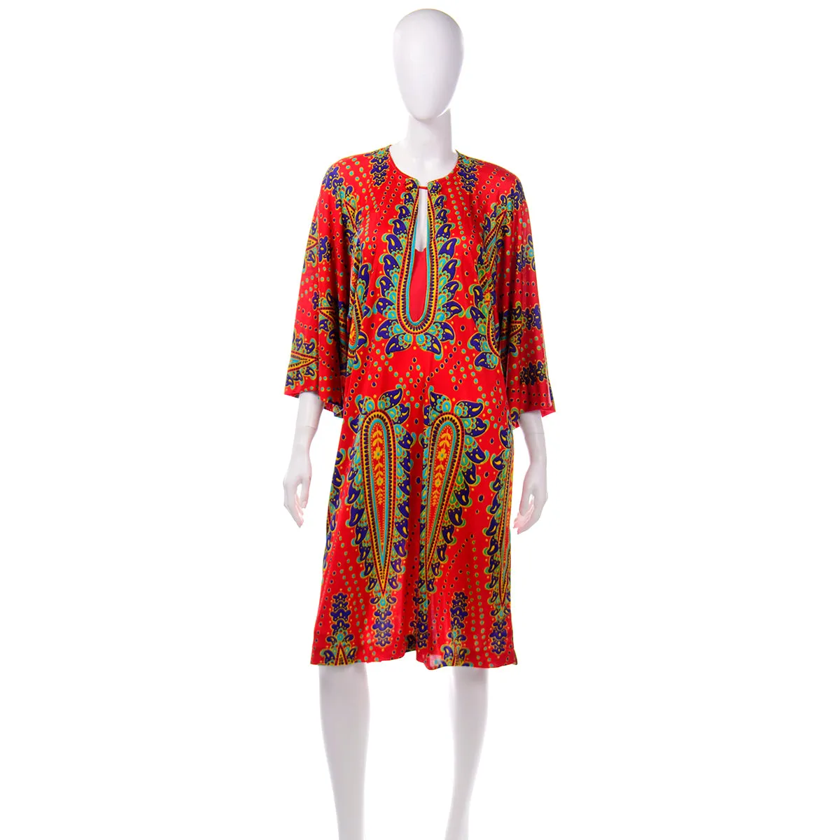 1970's Gottex Nylon Red Paisley Print Vintage Dress