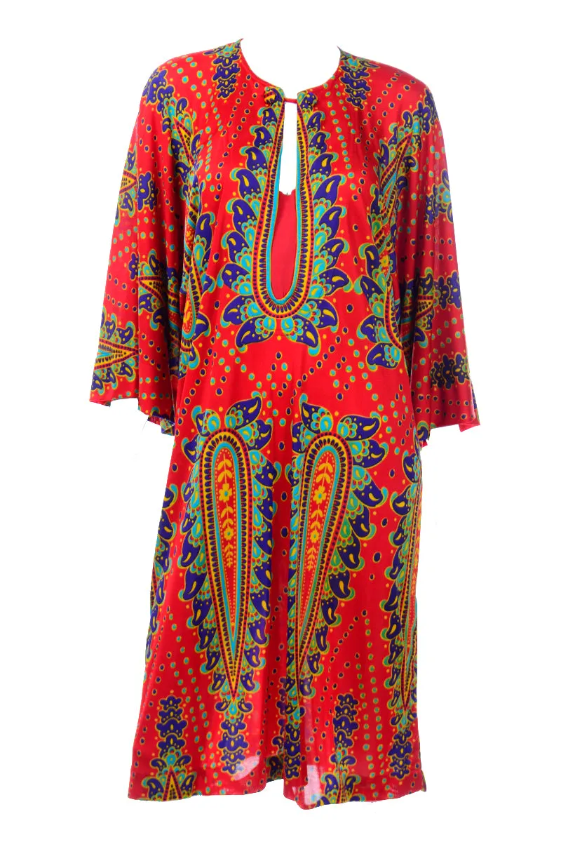 1970's Gottex Nylon Red Paisley Print Vintage Dress