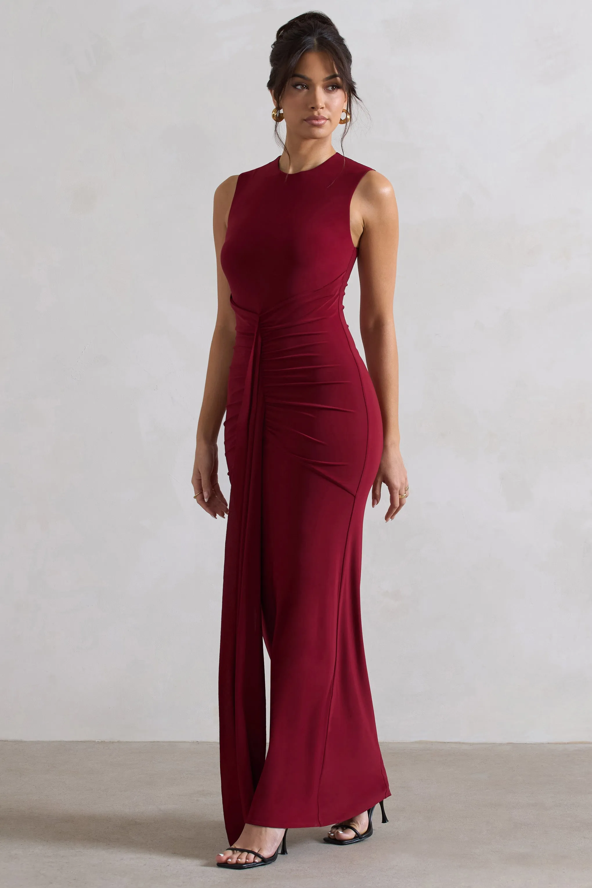 Alexa | Berry High-Neck Gathered Maxi Dress With Drape