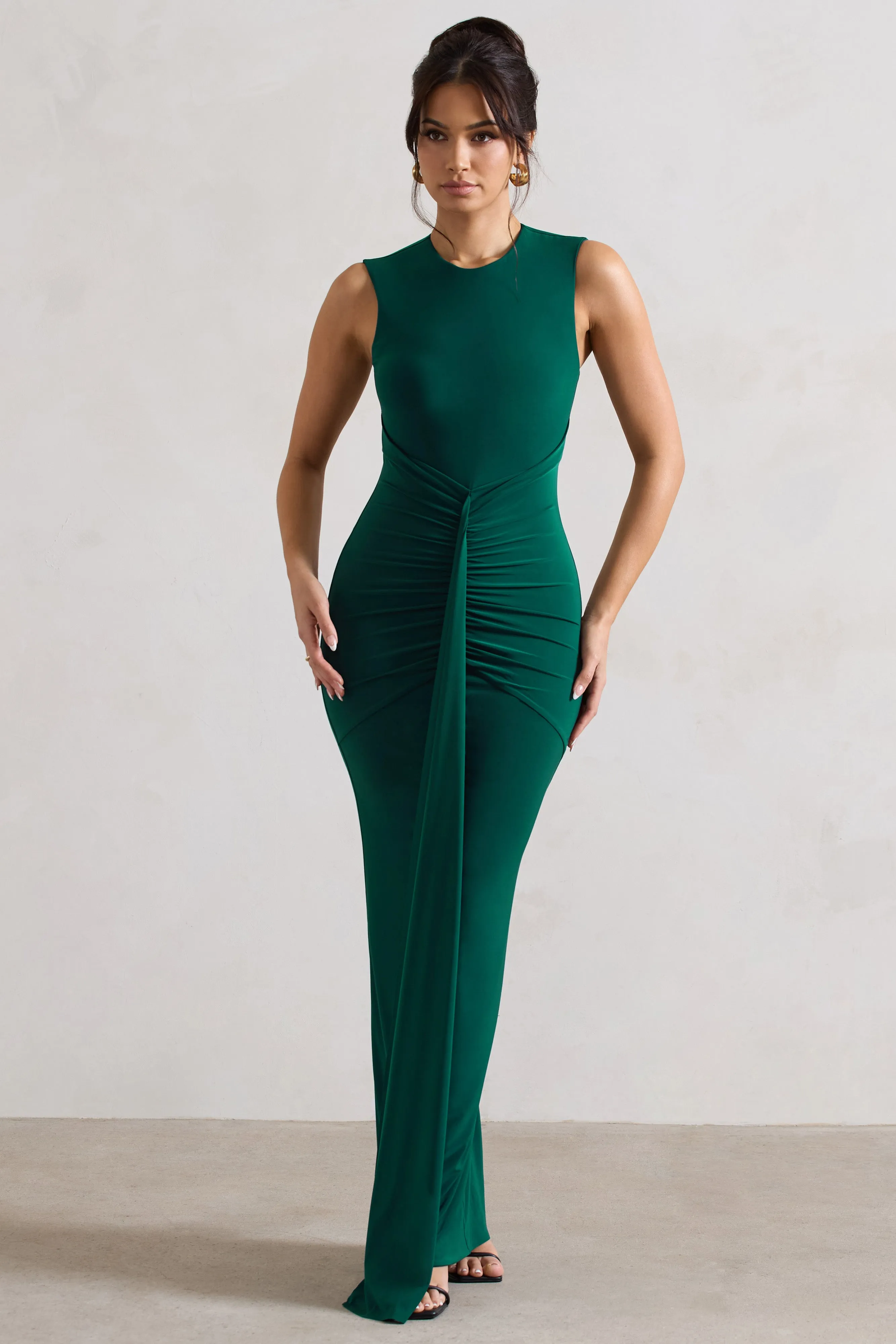 Alexa | Bottle Green High-Neck Gathered Maxi Dress With Drape