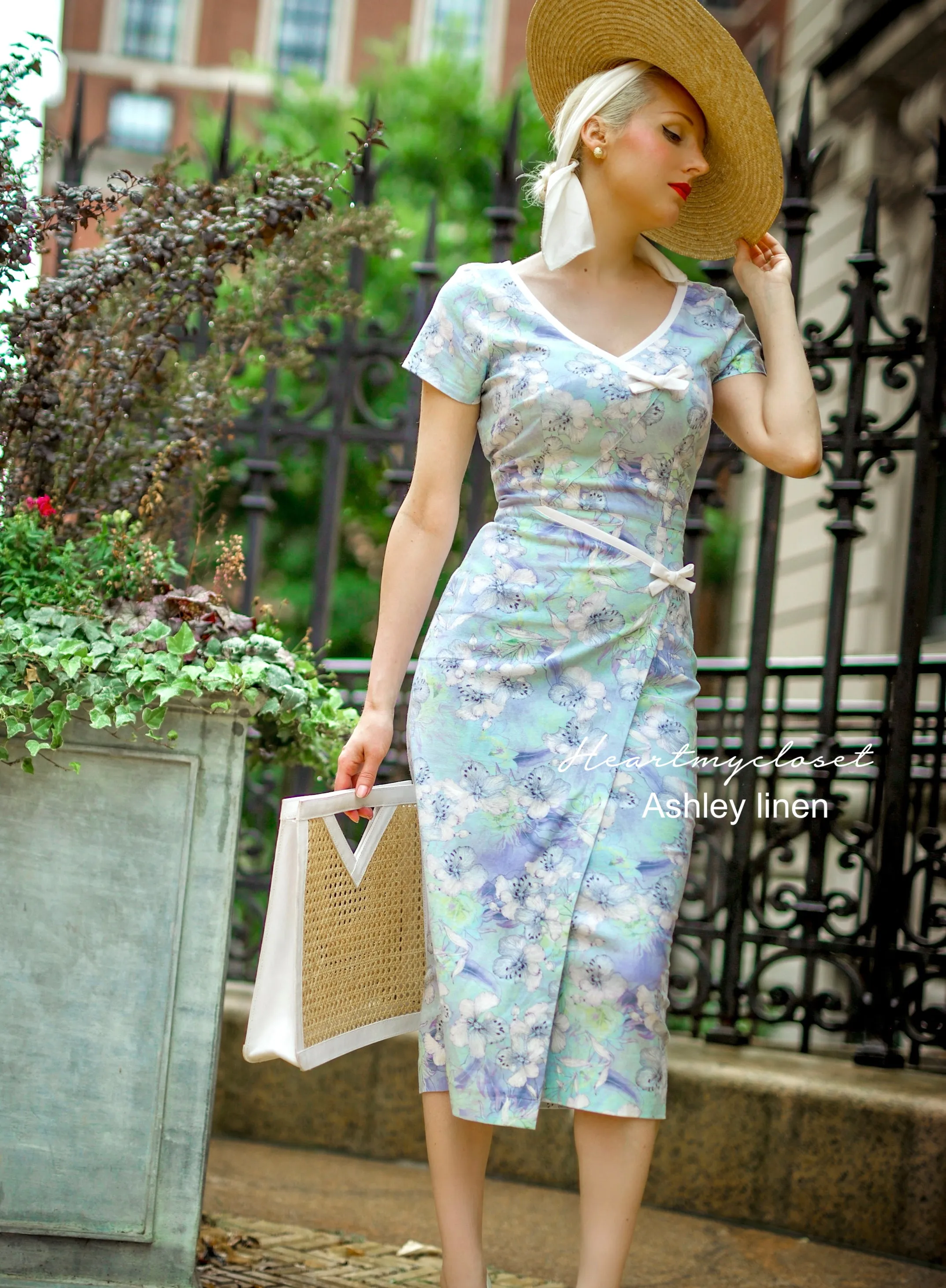 Ashley floral linen - retro vintage bow dress pencil