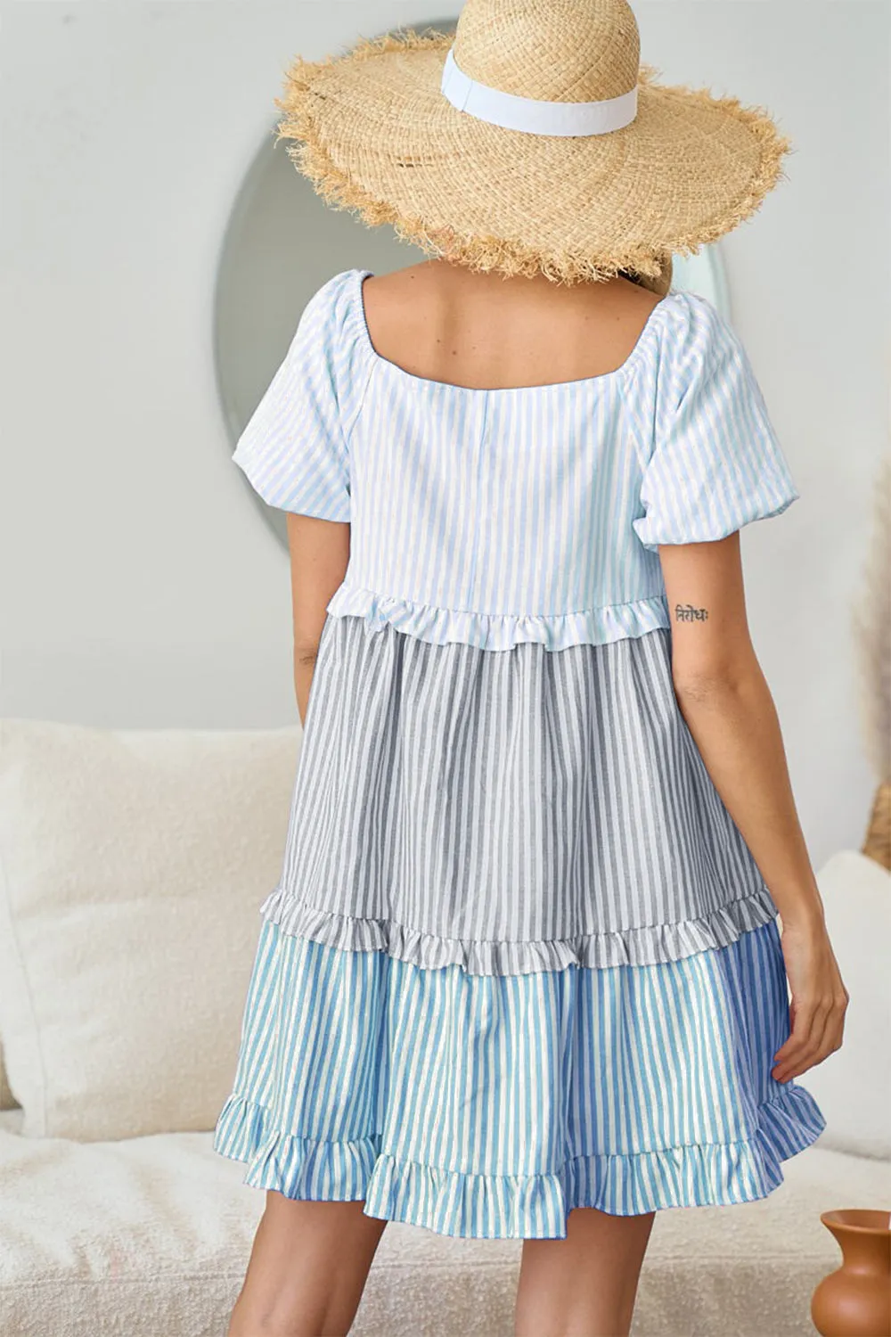 BiBi Striped Ruffle Tiered Mini Dress