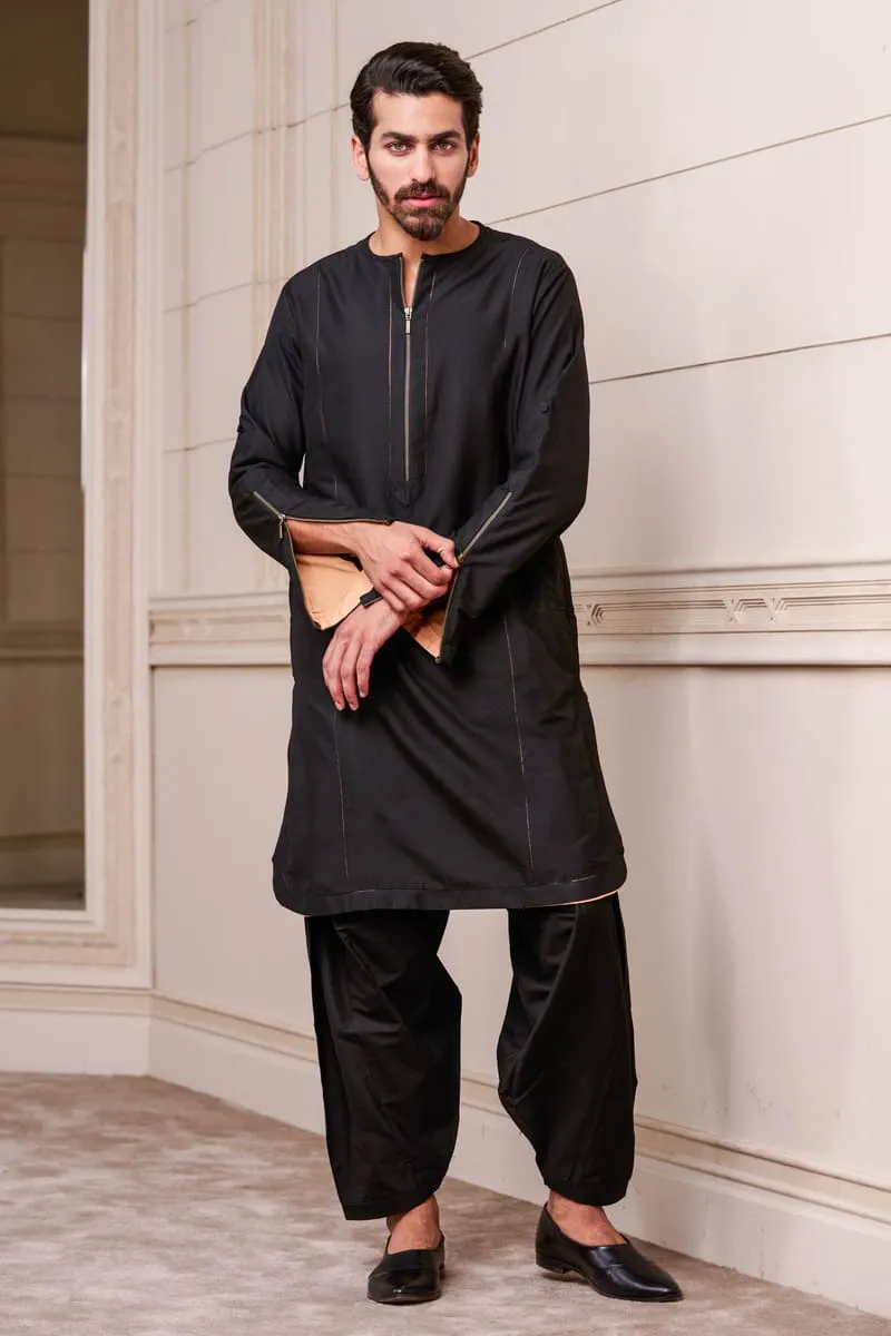 Black Contrast Lining Single Kurta