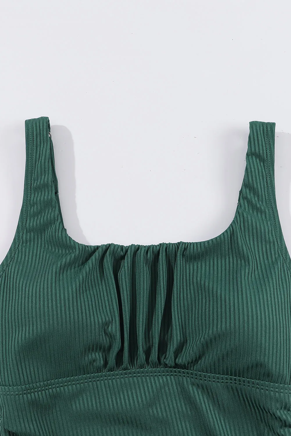 Blackish Green Ruched U Neck Backless Ribbed Tankini Set