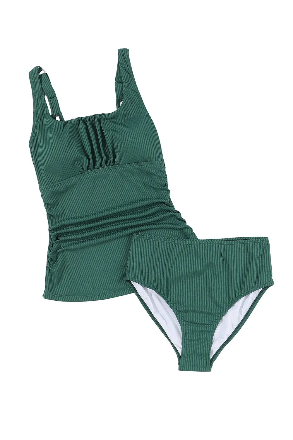 Blackish Green Ruched U Neck Backless Ribbed Tankini Set