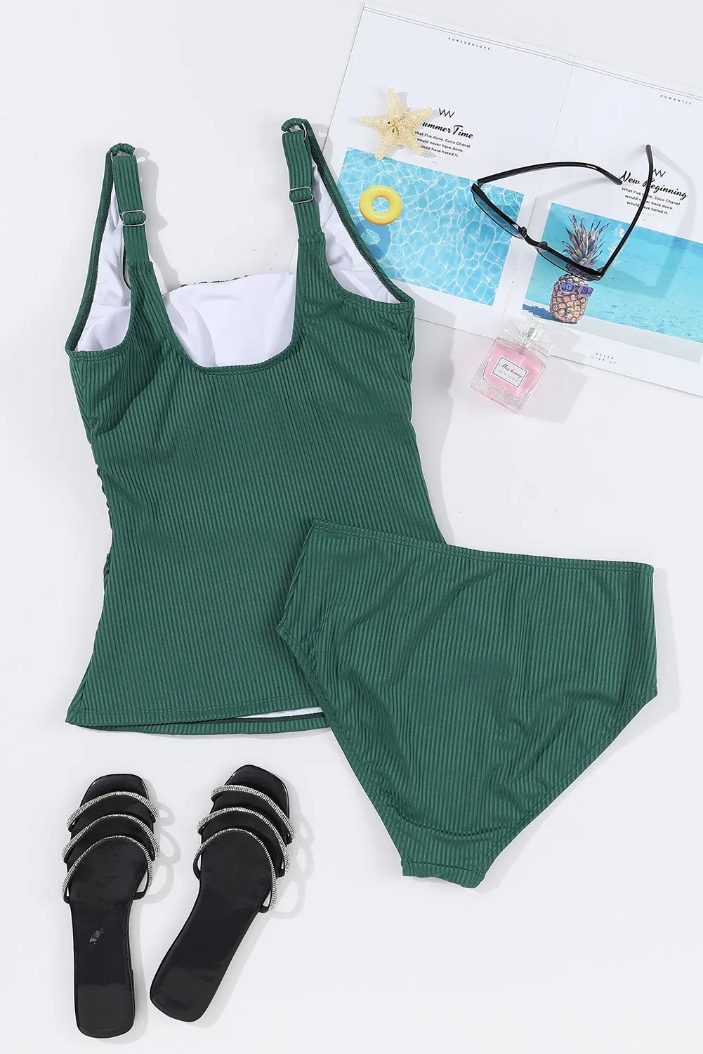 Blackish Green Ruched U Neck Backless Ribbed Tankini Set