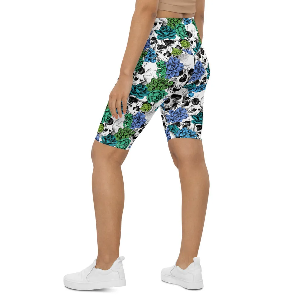 Blue Floral Skulls Bike Shorts