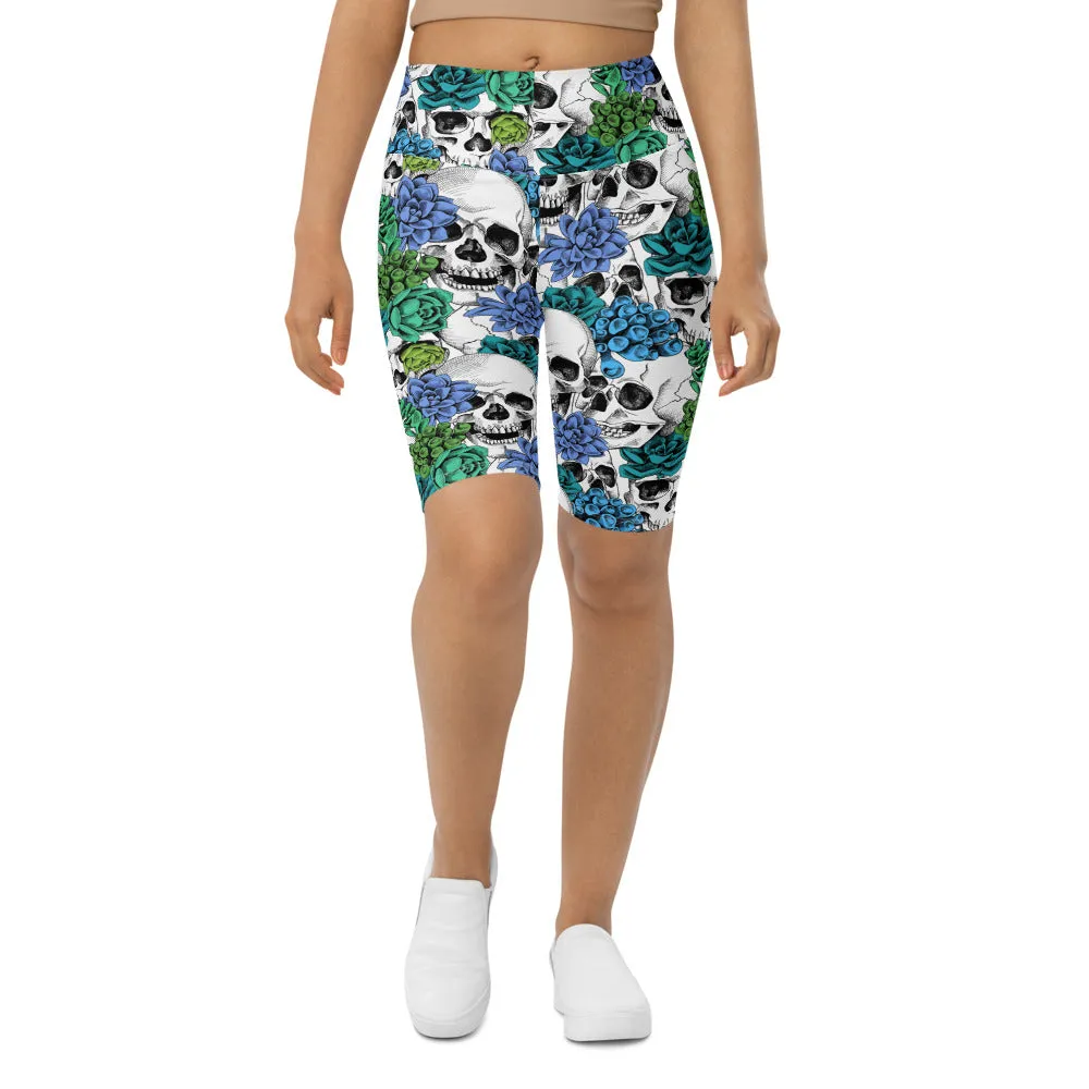 Blue Floral Skulls Bike Shorts