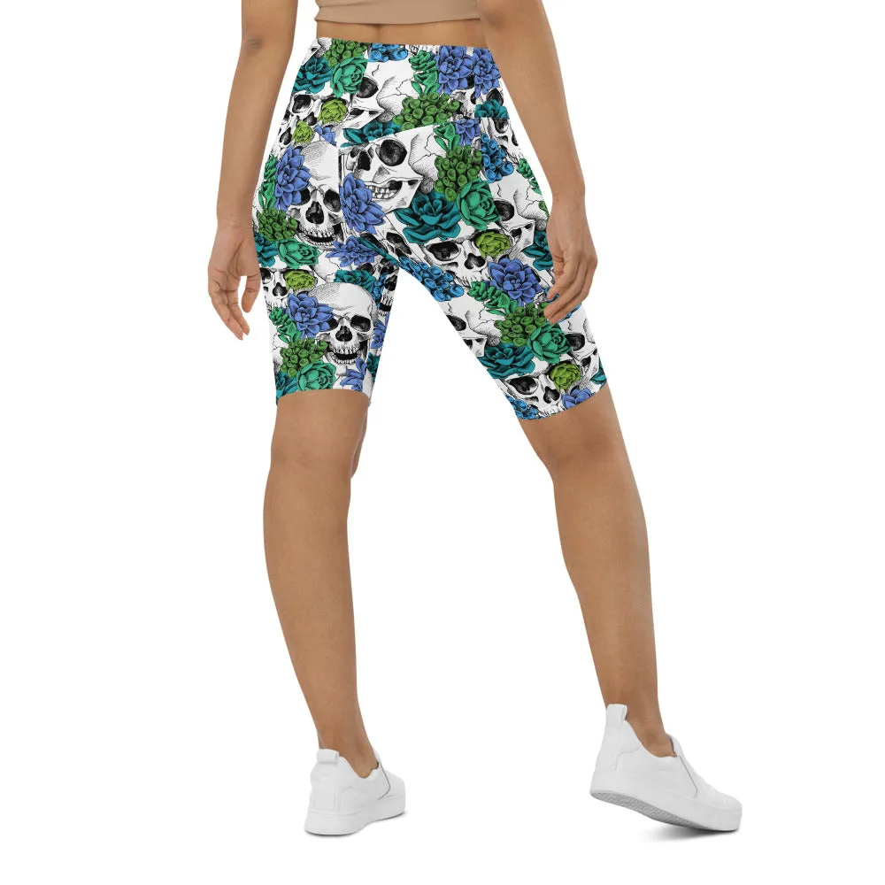 Blue Floral Skulls Bike Shorts