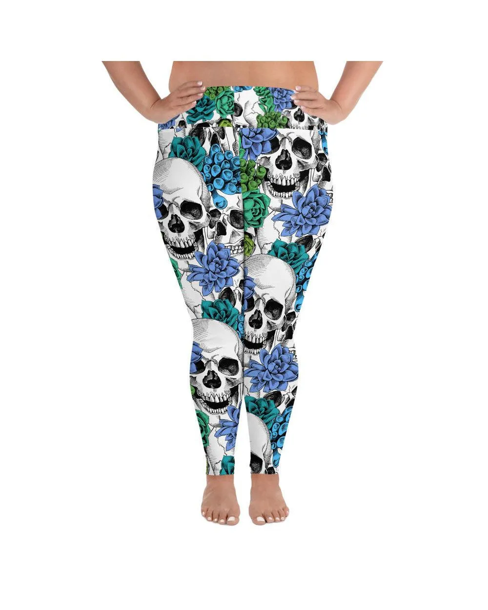 Blue Floral Skulls Plus Size Leggings