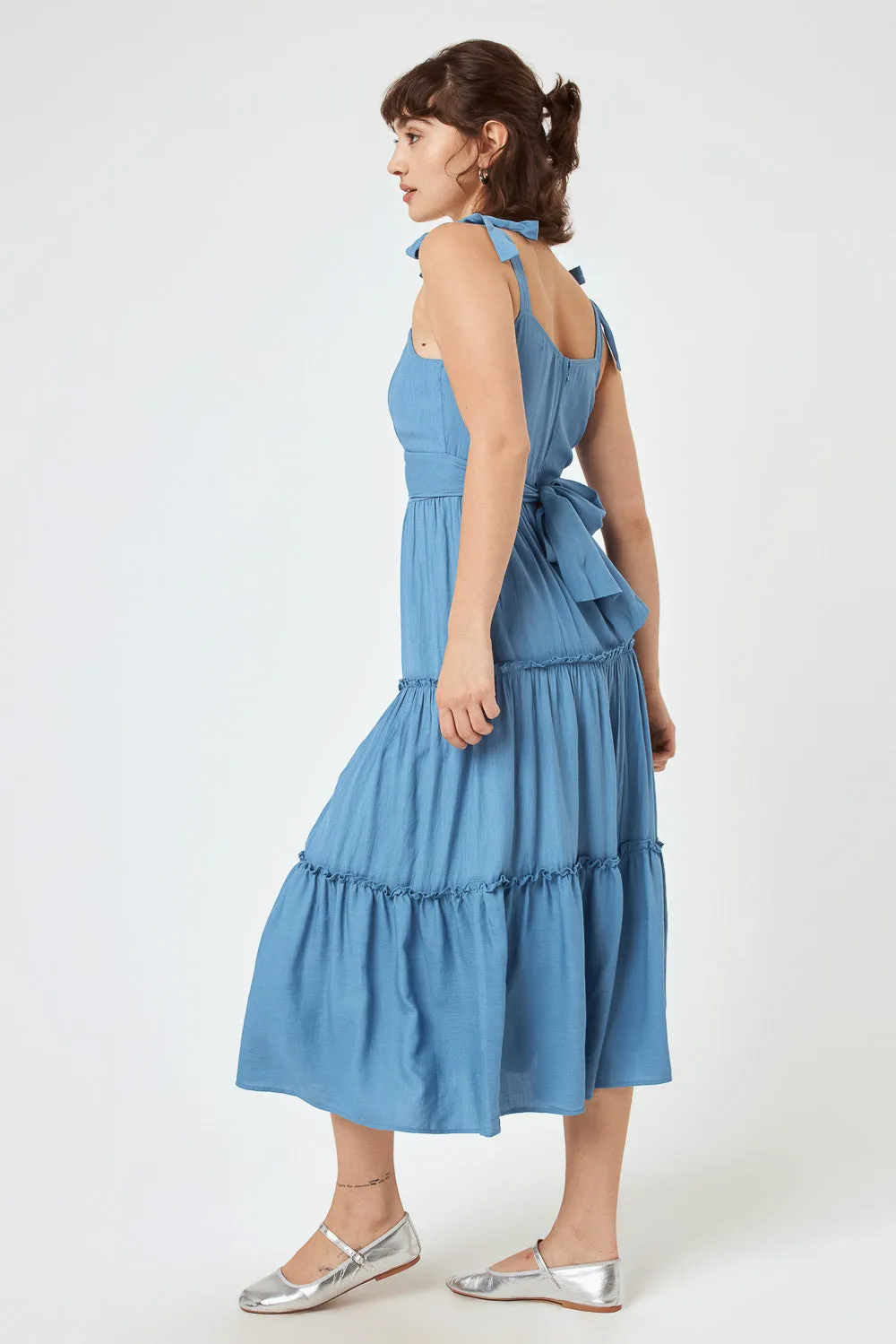 Blue Heaven Tie Shoulder Ruffle Midi Dress