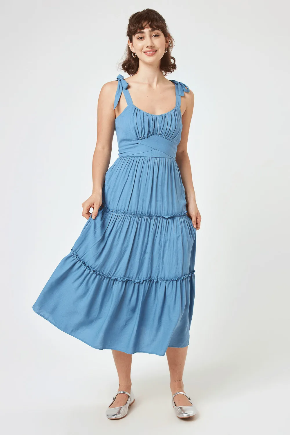 Blue Heaven Tie Shoulder Ruffle Midi Dress