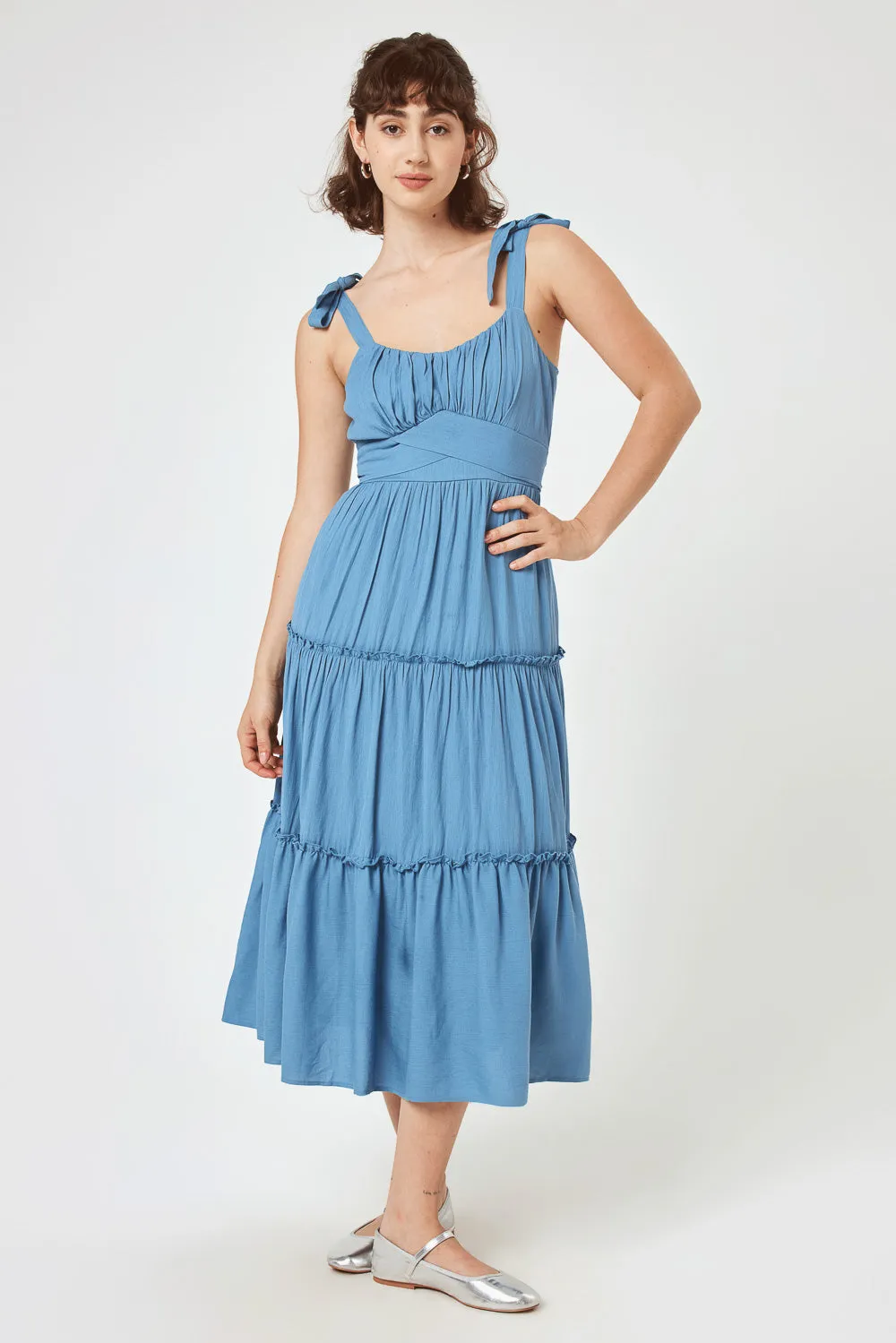 Blue Heaven Tie Shoulder Ruffle Midi Dress