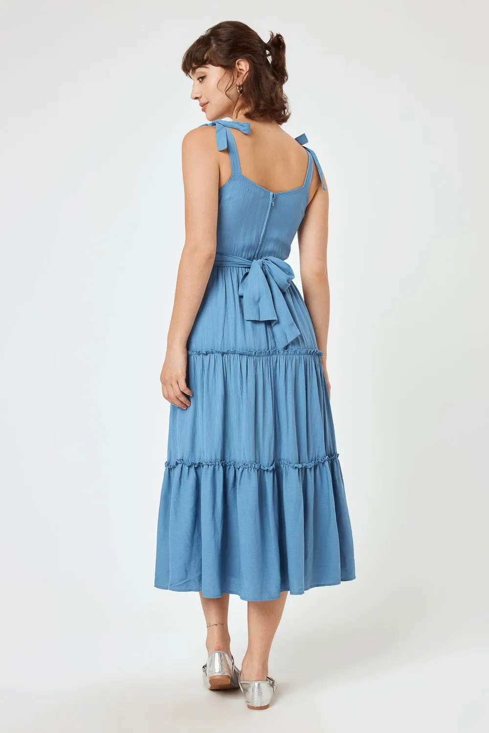 Blue Heaven Tie Shoulder Ruffle Midi Dress