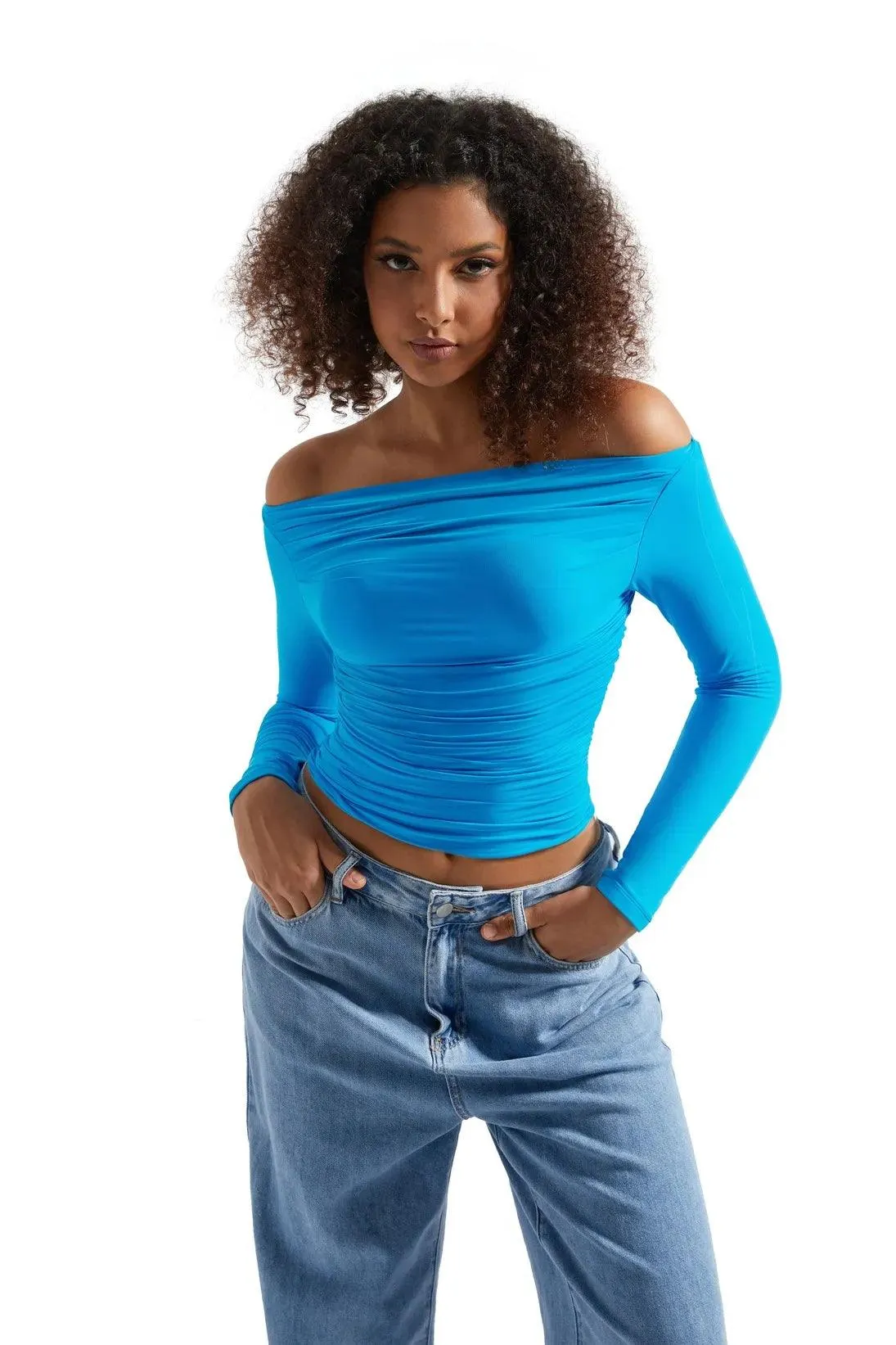 Buttery Soft Ruched Off Shoulder Shirt - Long Sleeve