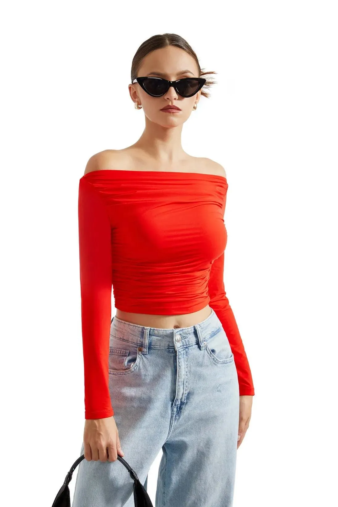 Buttery Soft Ruched Off Shoulder Shirt - Long Sleeve