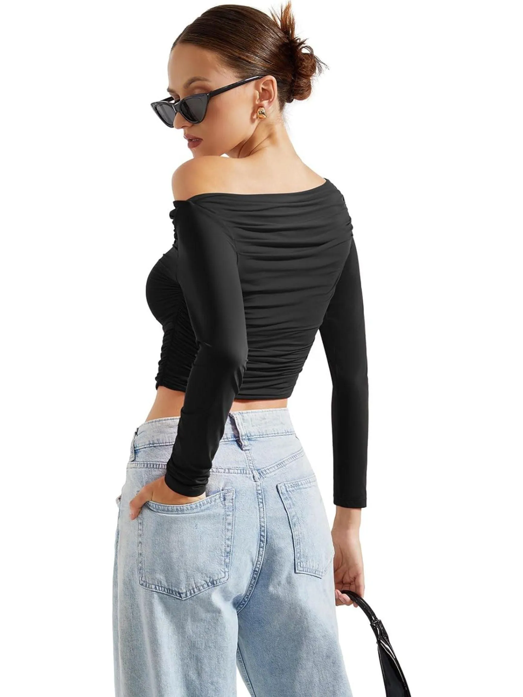 Buttery Soft Ruched Off Shoulder Shirt - Long Sleeve