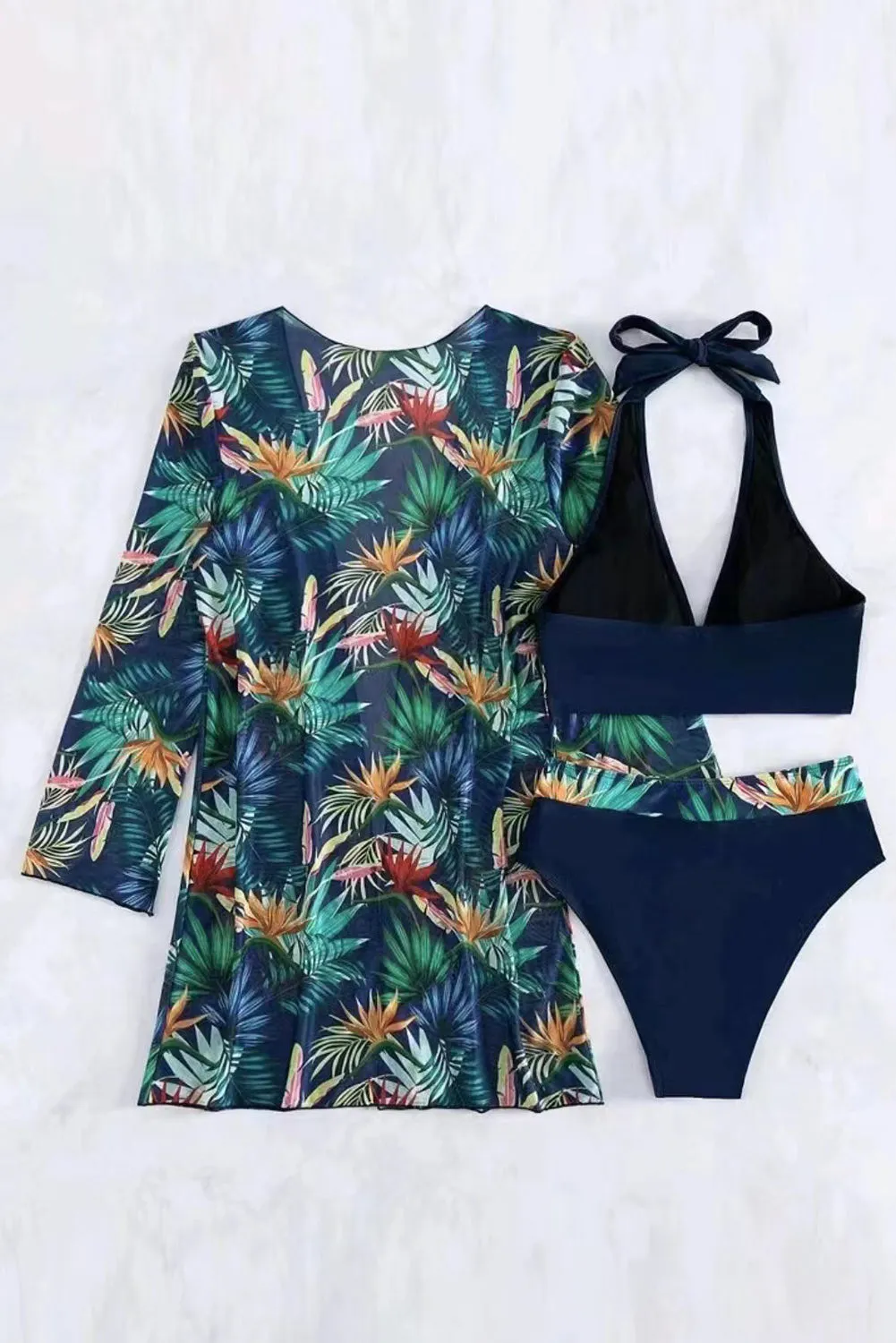 Carrot 3pcs Tropical Contrast Trim Halter Bikini Set with Cover up