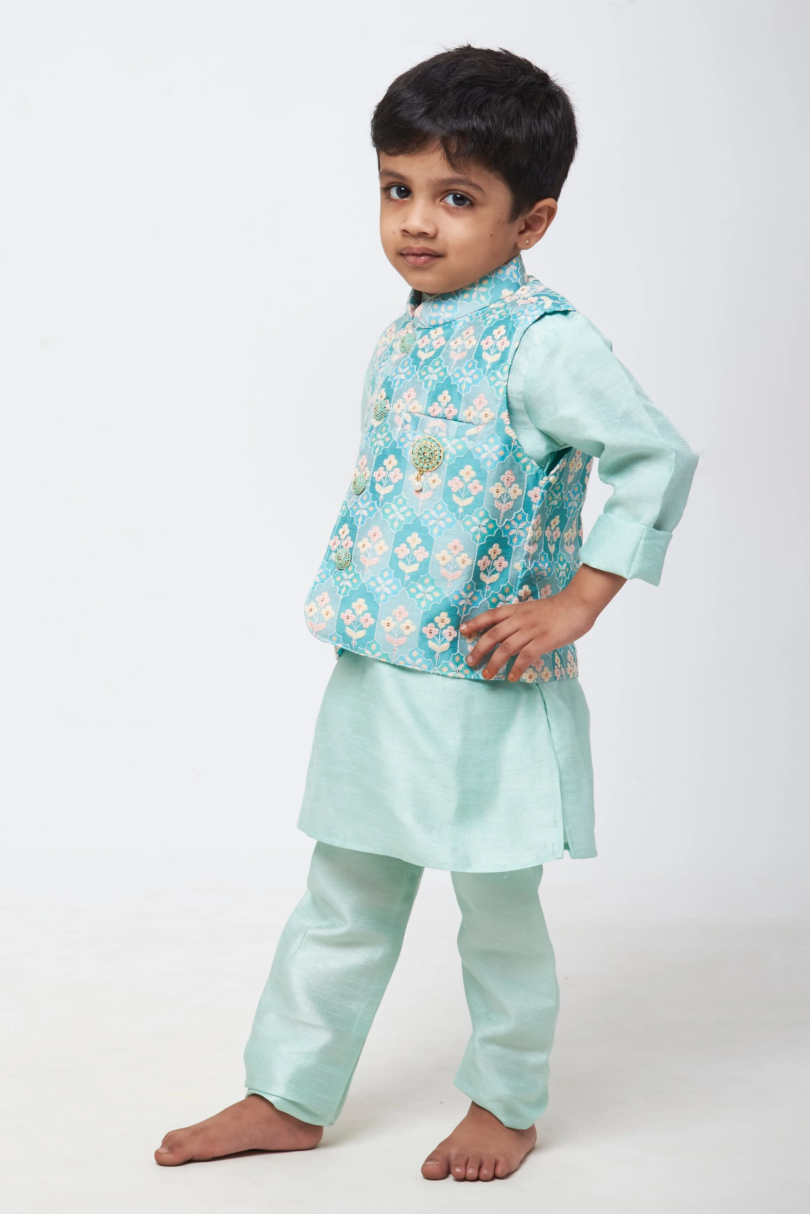 Celestial Blossom: Boys Embroidered Blue Kurta Set with Delicate Floral Patterns