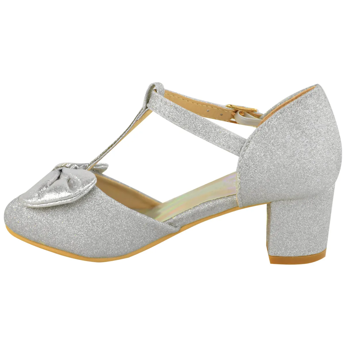 CHAVA KIDS MID HIGH HEEL SANDALS WITH BOW & DIAMANTE DETAIL IN SILVER GLITTER