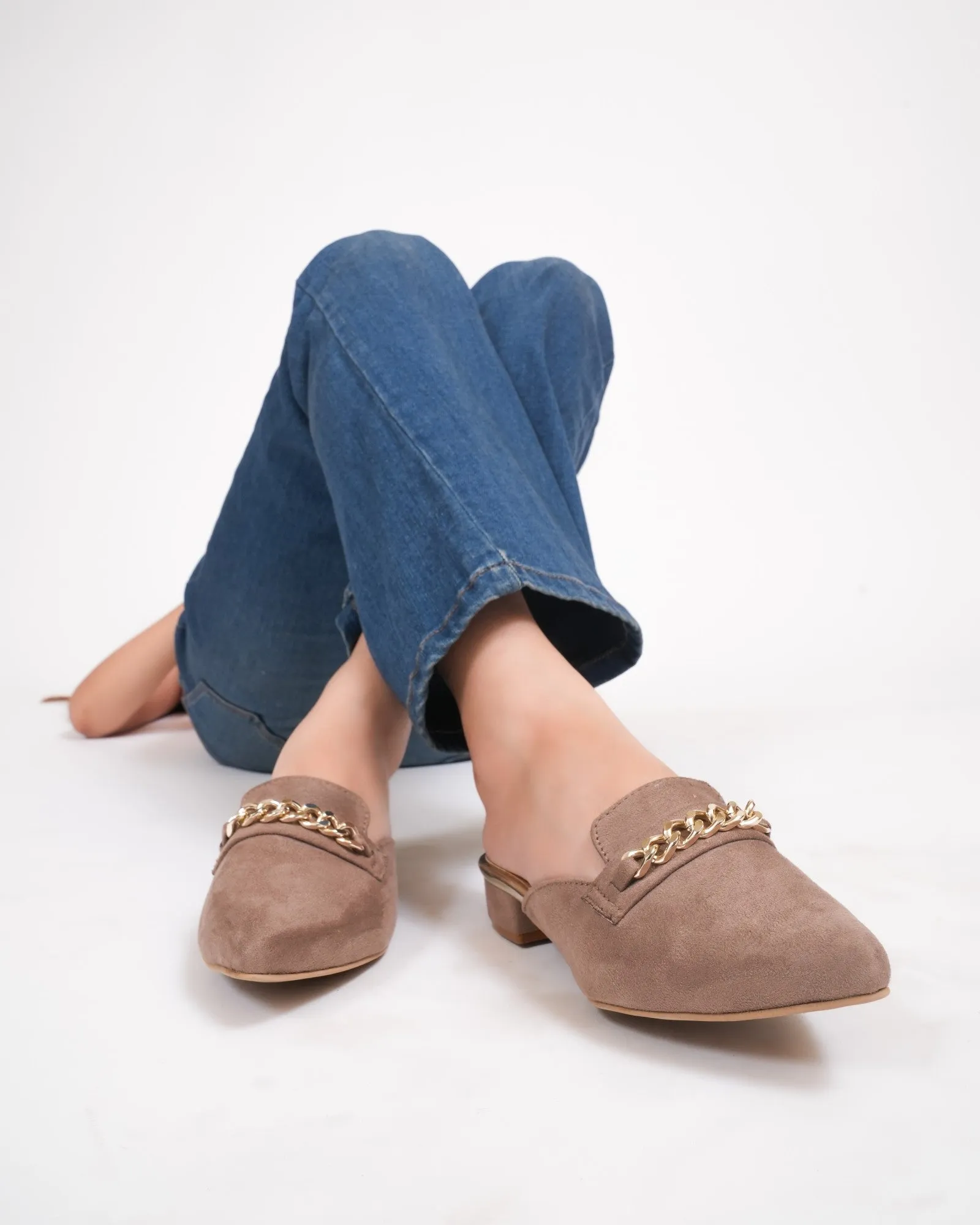 Coffee Brown Golden Chained Mules for Women