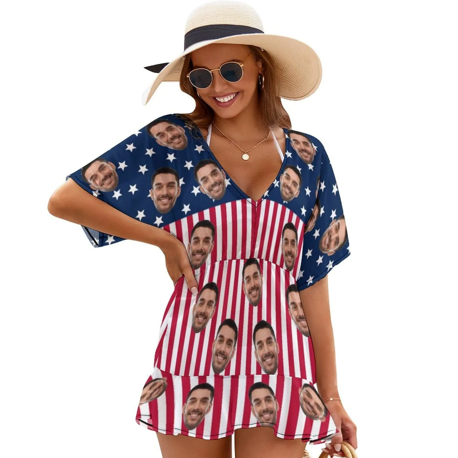 Couple American Flag Hawaiian Shirt Set&Cover Up Dress Independence Gift