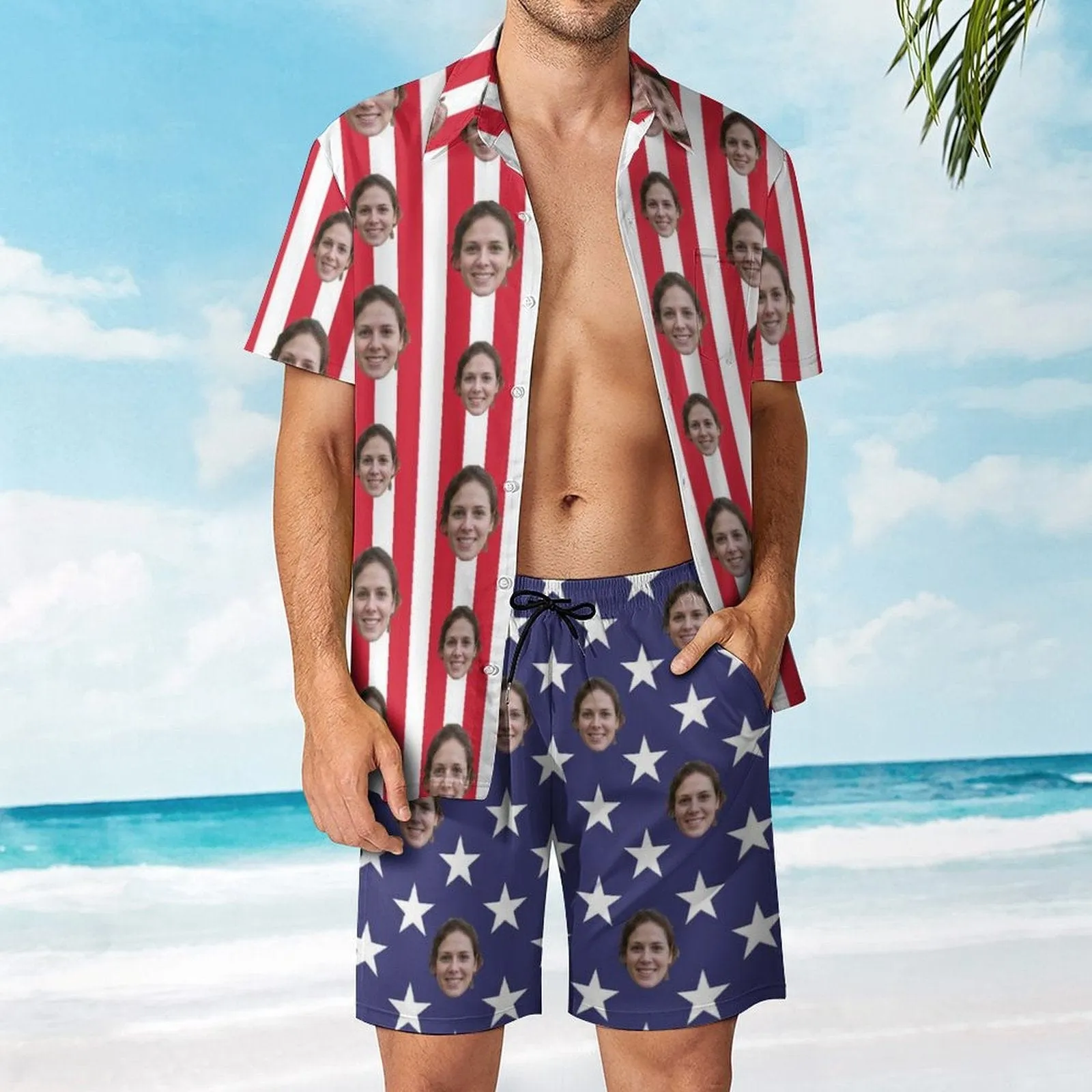 Couple American Flag Hawaiian Shirt Set&Cover Up Dress Independence Gift