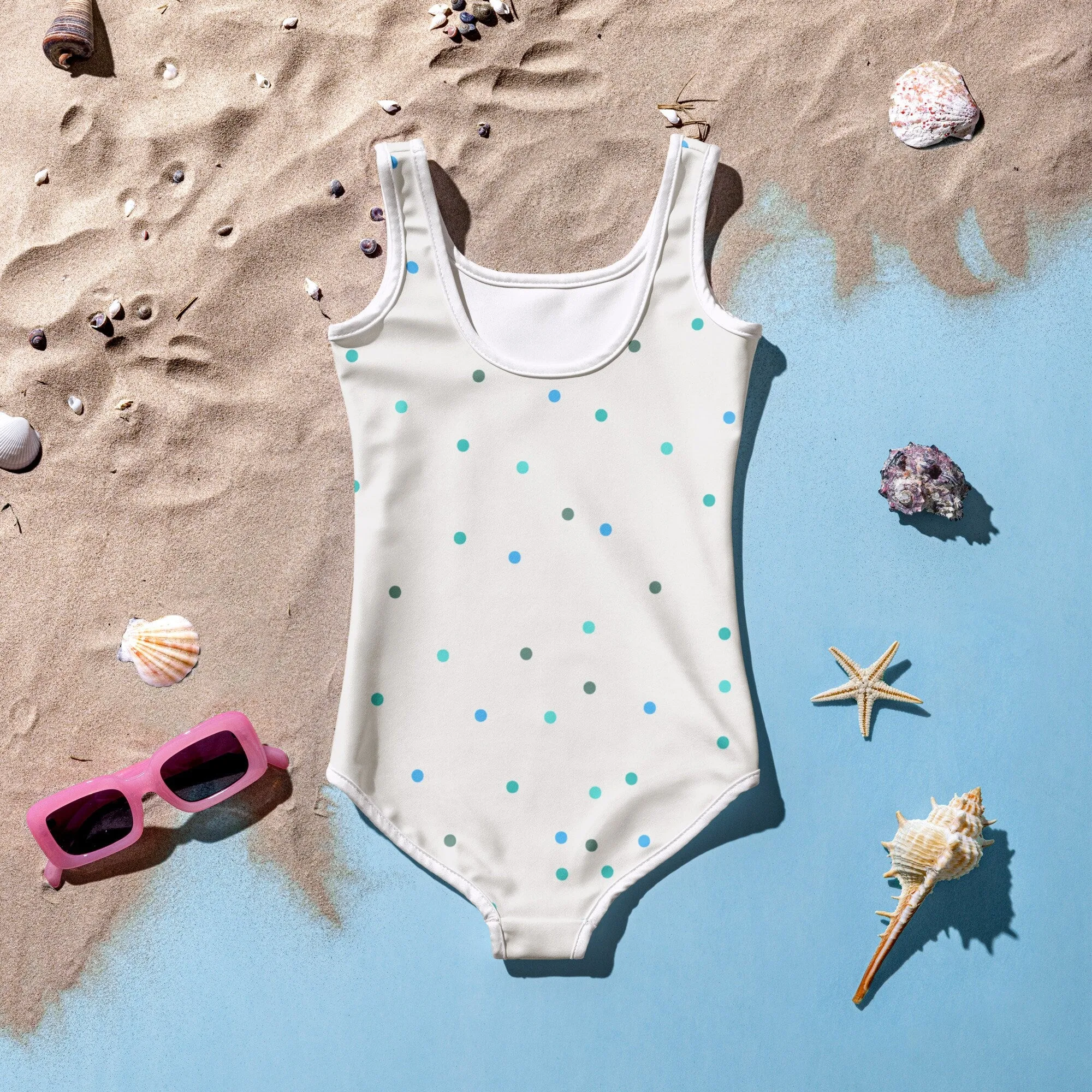 Cream and Blue Polka Dot Kids One Piece Swimsuit