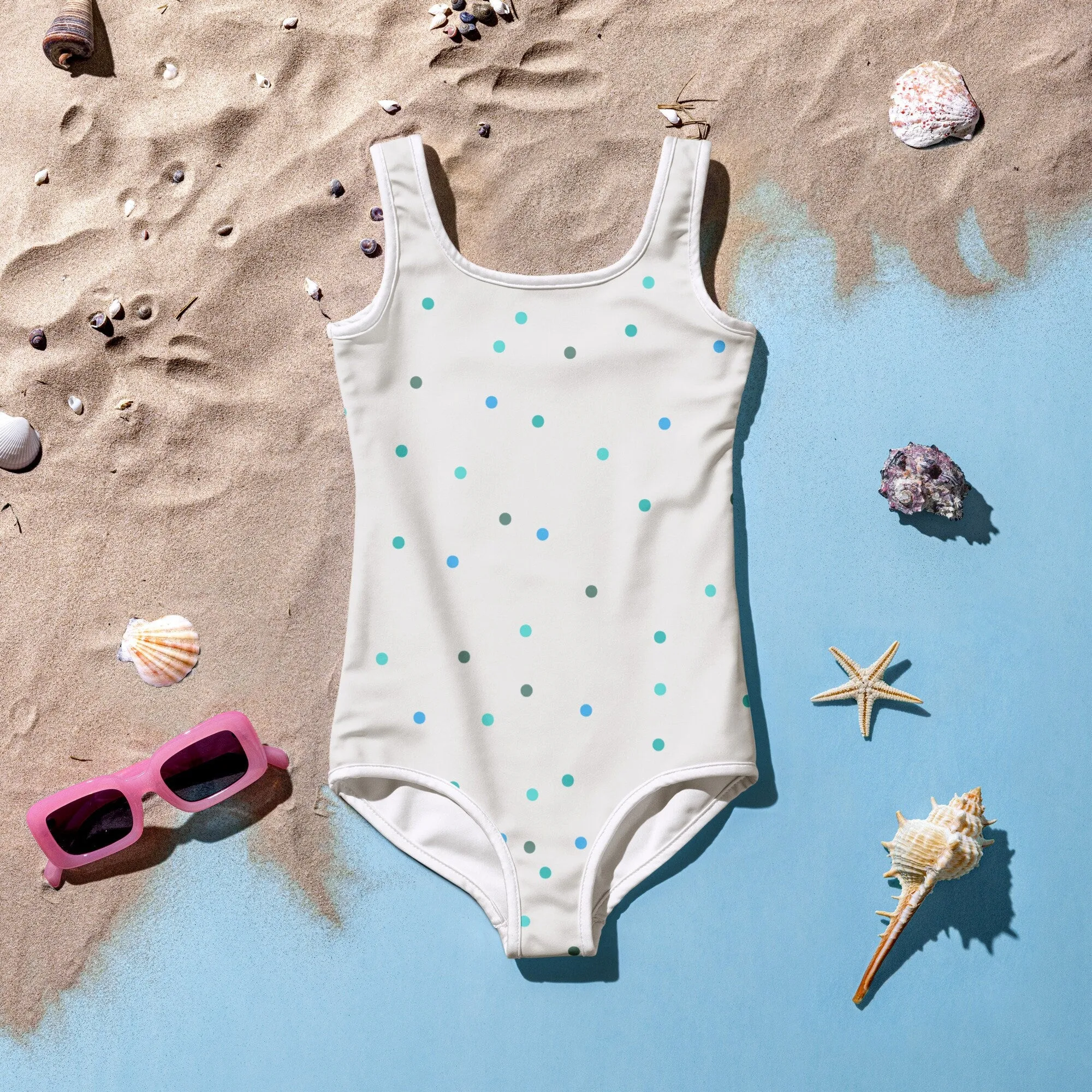 Cream and Blue Polka Dot Kids One Piece Swimsuit