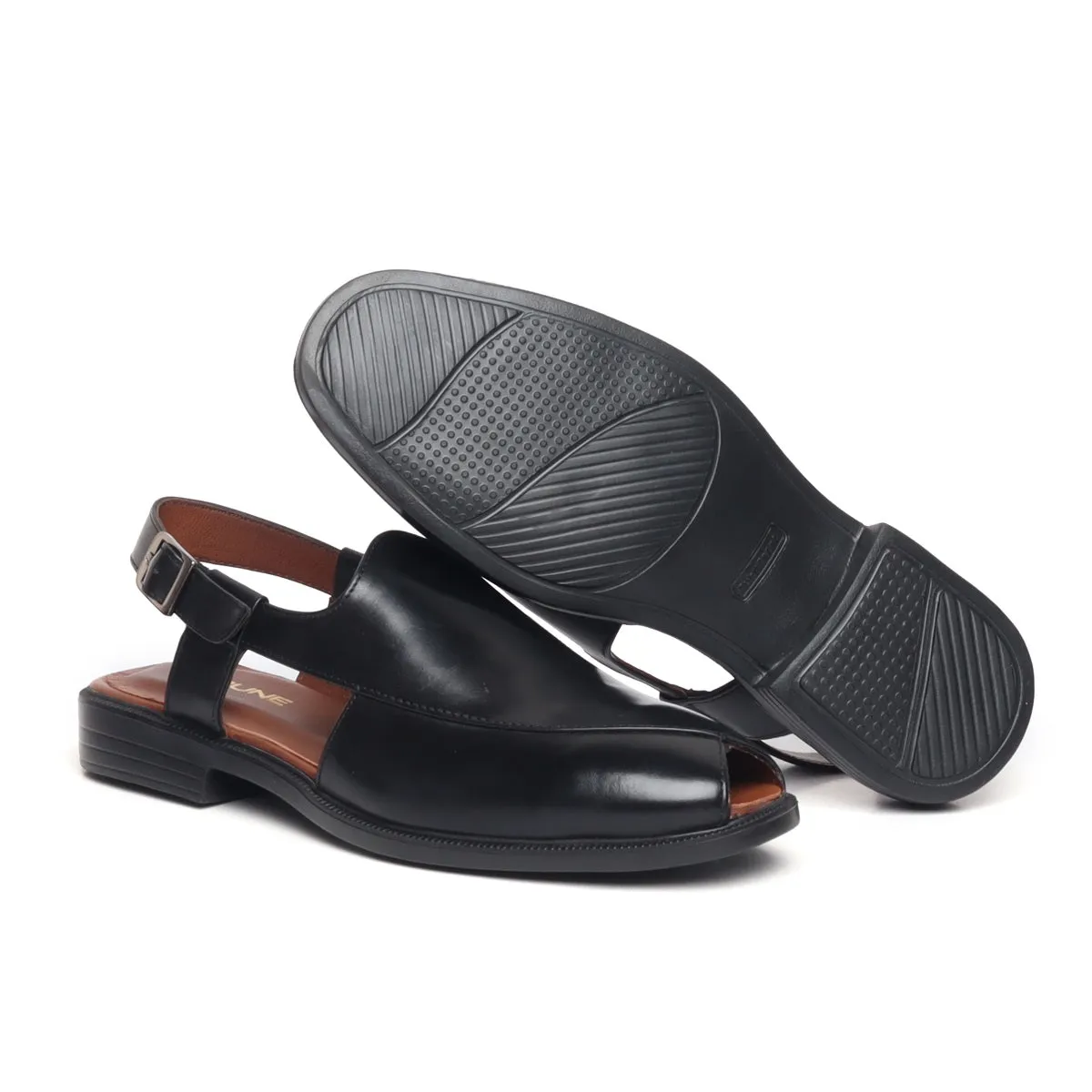 Cross Design Light Weight Peshawari Sandals in Black Genuine Leather For Men By Brune & Bareskin