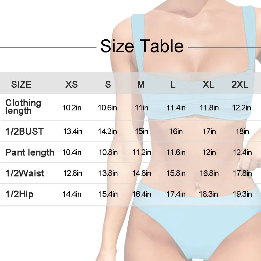 Custom Big Face Blue Leaves Bikini Personalized Women's Wide Shoulder Straps High Waist Bikini Set