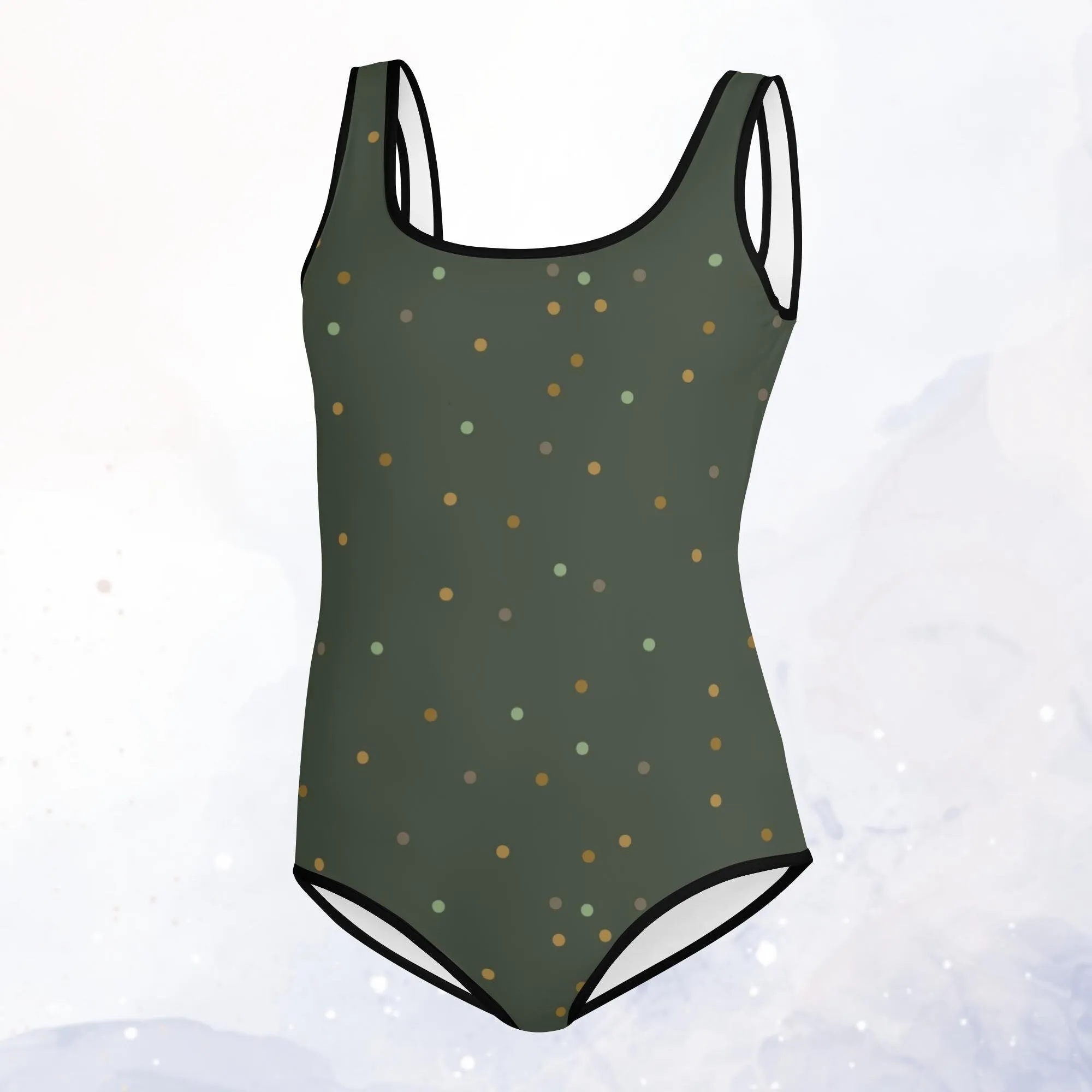 Dark Green and Gold Polka Dot Youth One Piece Swimsuit