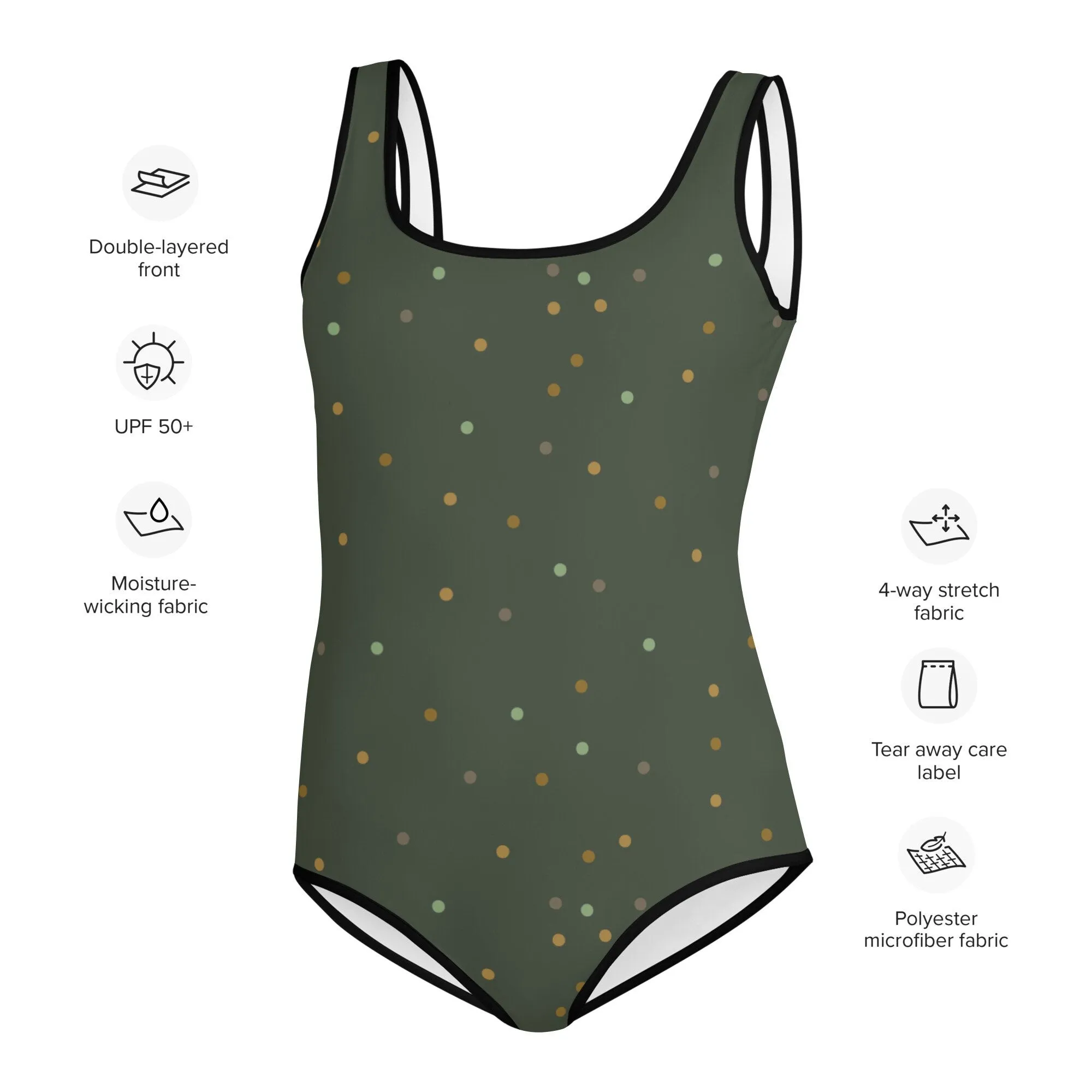 Dark Green and Gold Polka Dot Youth One Piece Swimsuit