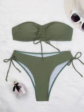 Dark Green Bandeau Bikini - Sexy Drawstring Swimsuit Thong - Split Bikini Beachwear