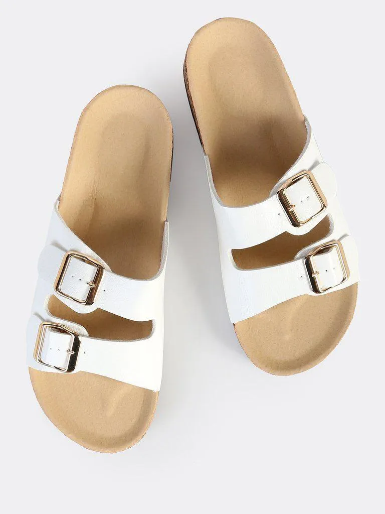 Double Buckle Leather Slides WHITE