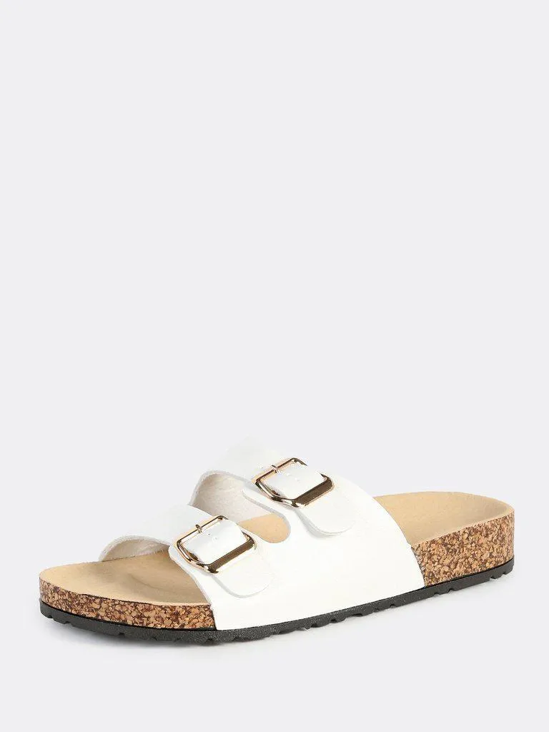 Double Buckle Leather Slides WHITE