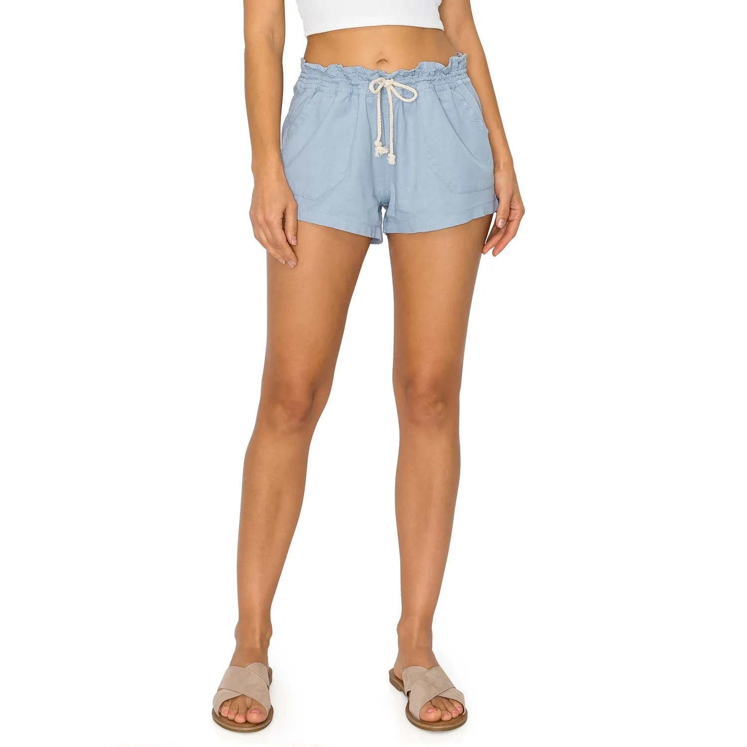 Drawstring Linen Shorts - Blue Fog