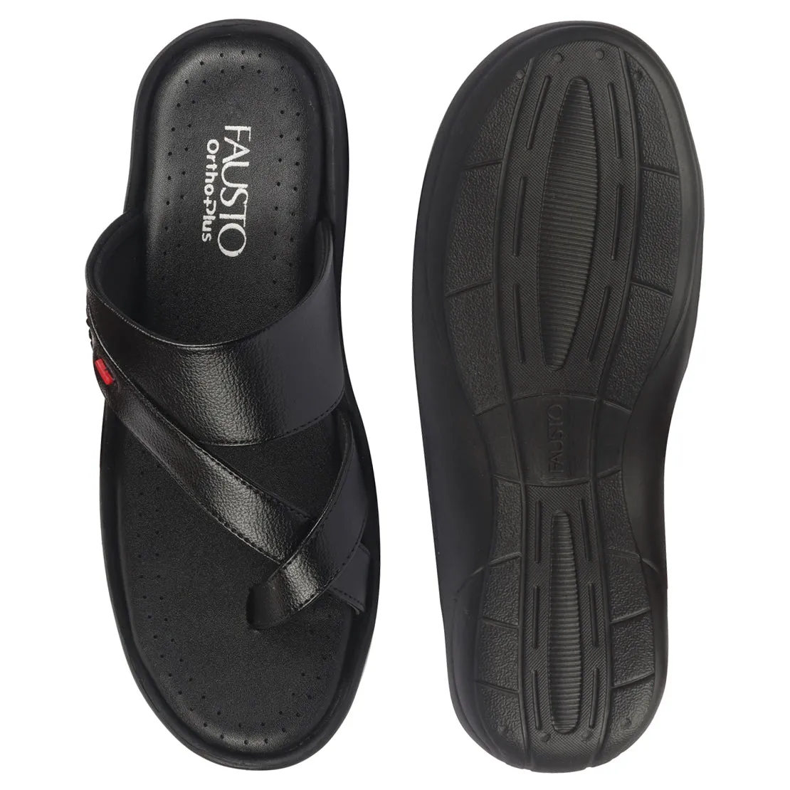 FAUSTO Men Black Toe Ring Flat Dress Slipper With Memory Cushioned|Multi Strap Slipper For Evening|Slippers For Kurta