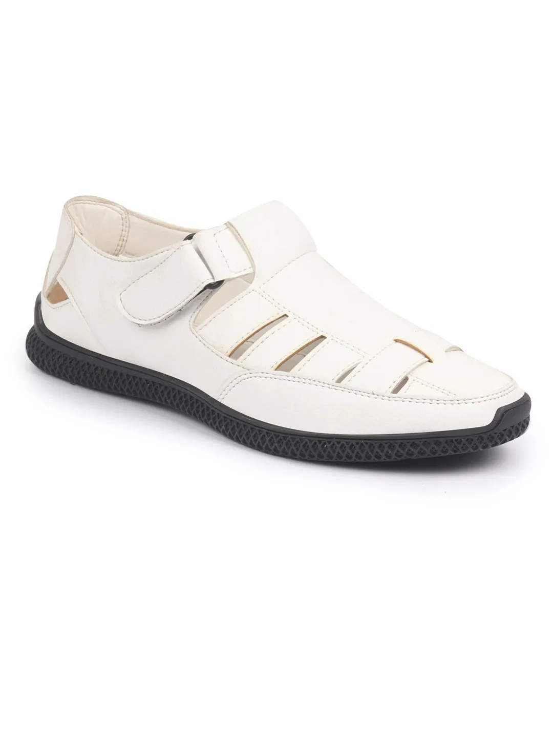 FAUSTO Men White PU Outdoor Hook & Loop Roman Sandals for Day Long Comfort|Outfit|Evening|Casual|Fashion|Trending|Lightweight with TPR Sole(6-13 UK)