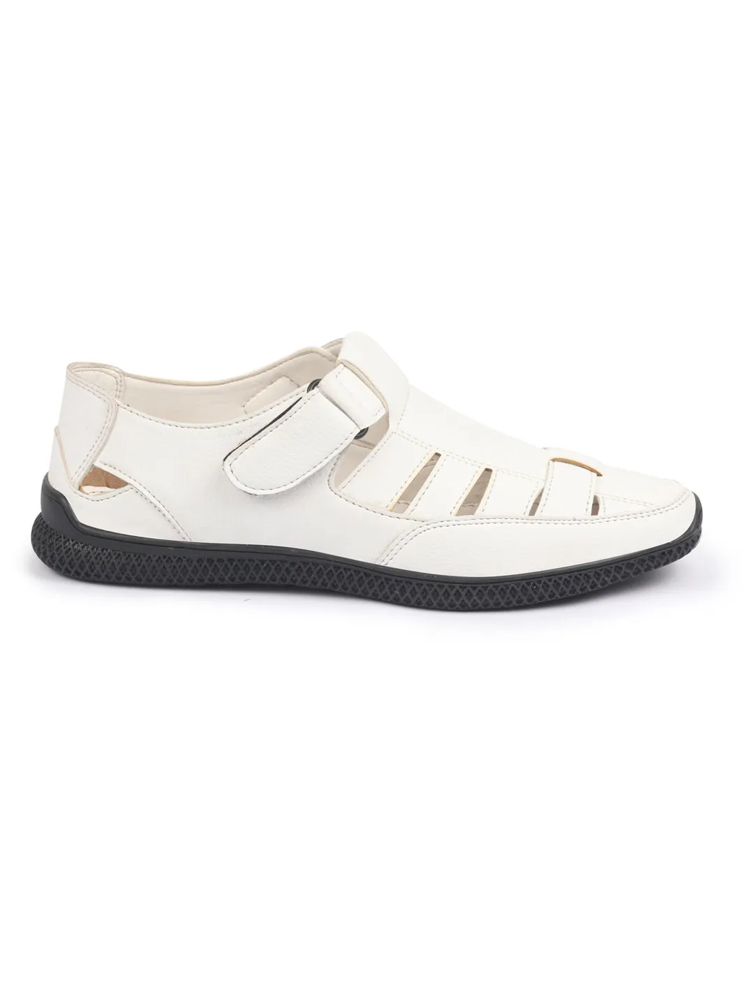 FAUSTO Men White PU Outdoor Hook & Loop Roman Sandals for Day Long Comfort|Outfit|Evening|Casual|Fashion|Trending|Lightweight with TPR Sole(6-13 UK)