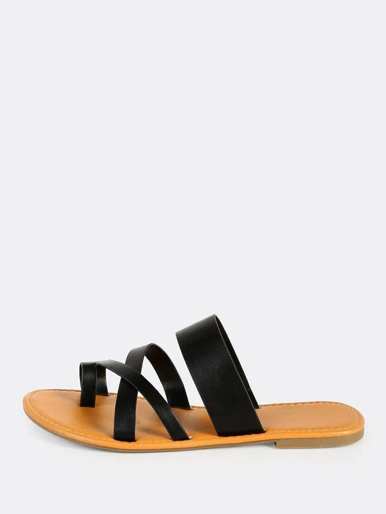 Faux Leather Toe Ring Sandals BLACK