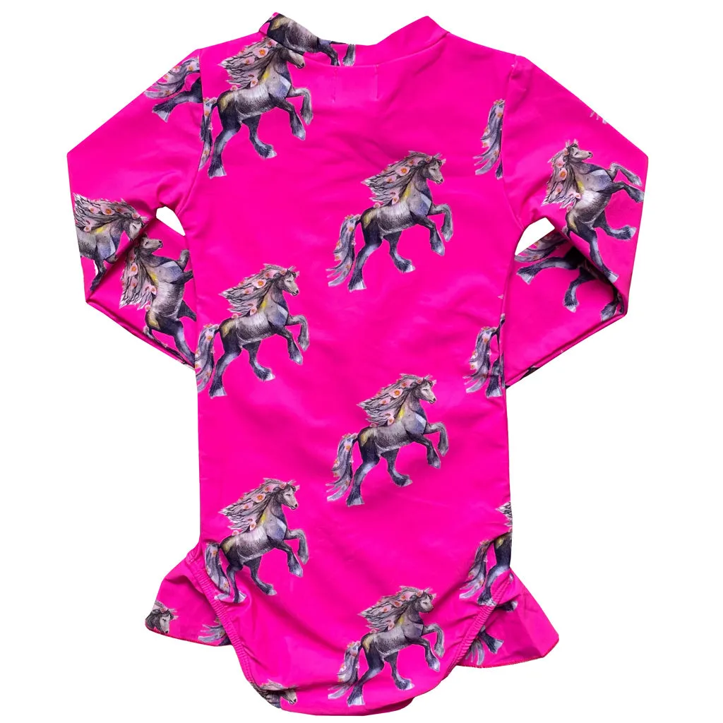 Fluro Horses Girls Long Sleeve Zip Swimmers