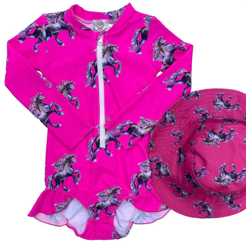 Fluro Horses Girls Long Sleeve Zip Swimmers