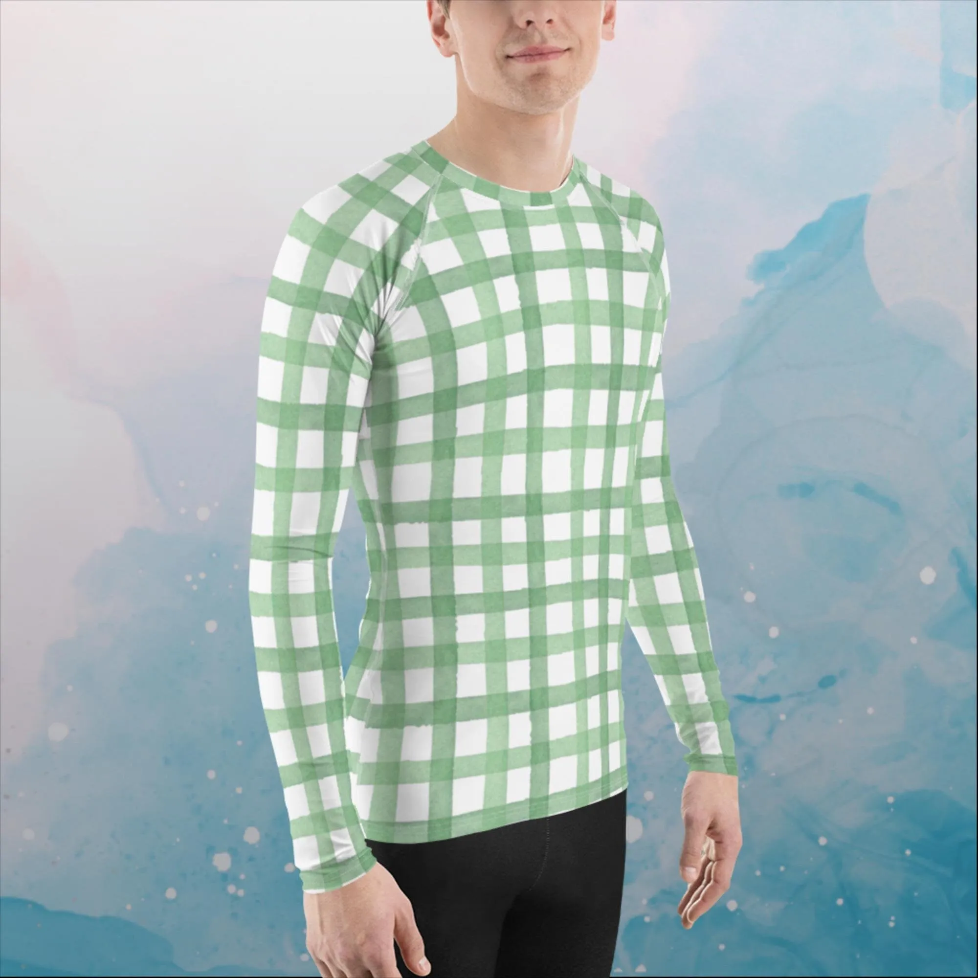 Green Gingham Print Rash Guard