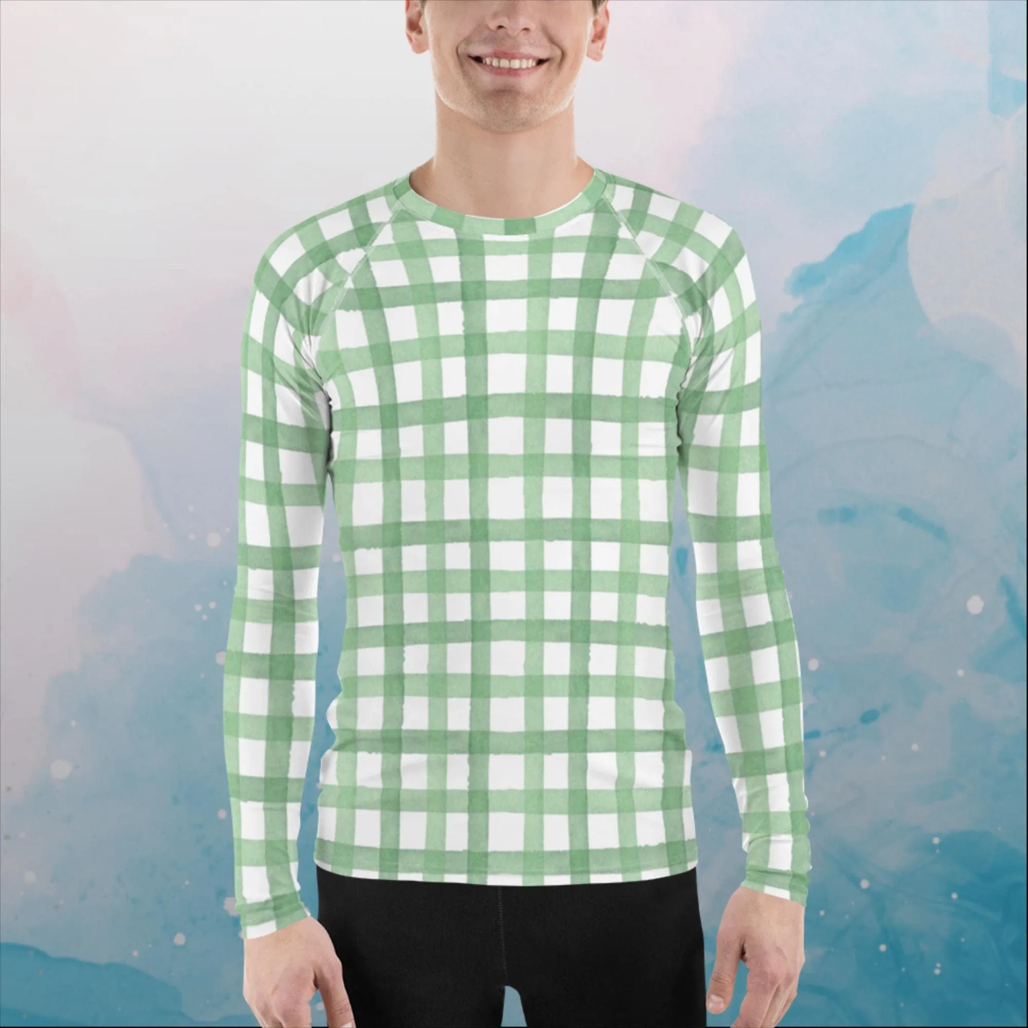 Green Gingham Print Rash Guard