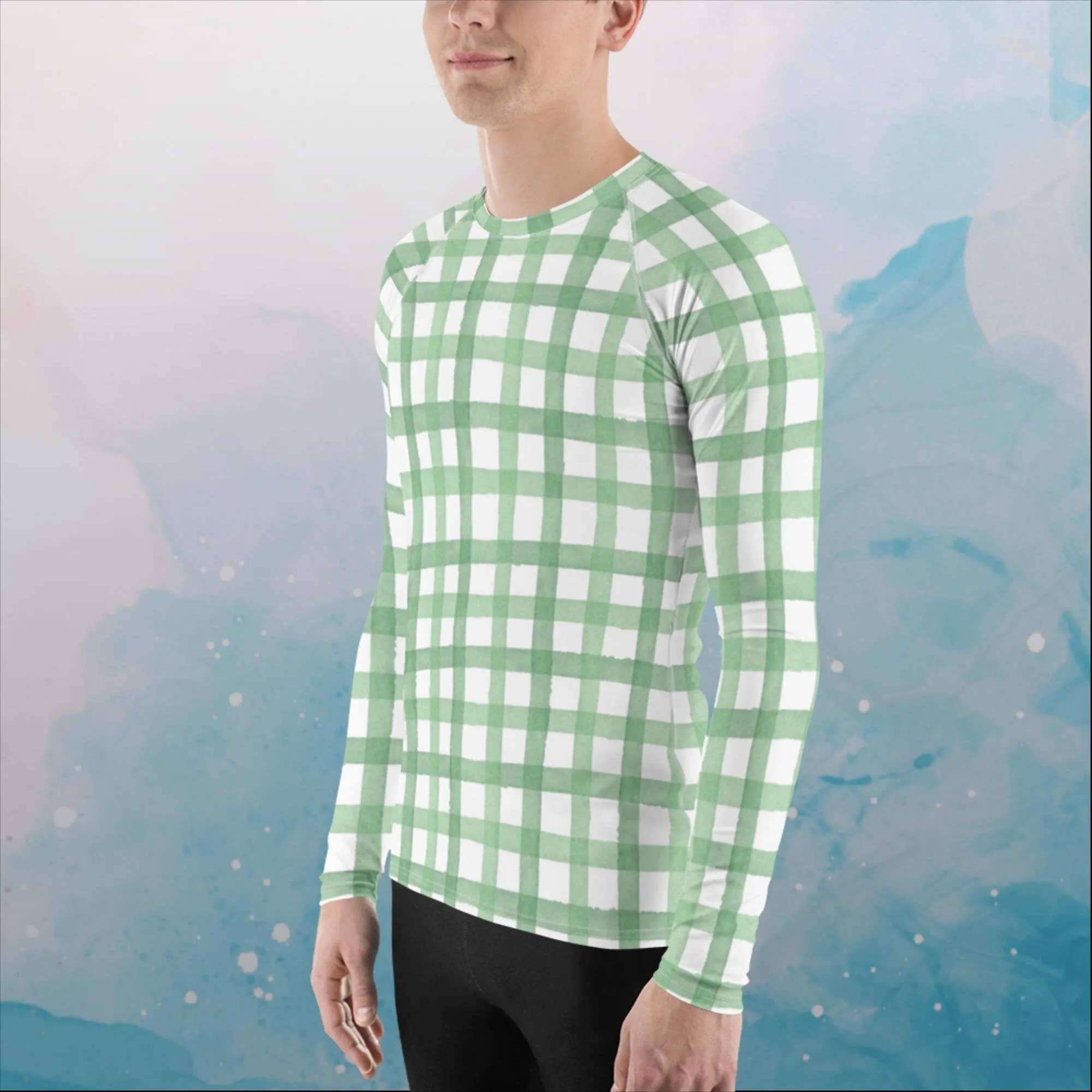 Green Gingham Print Rash Guard