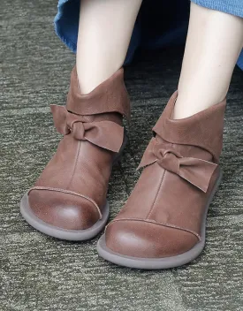 Hand-stitched Leather Bow-knot Comfort Flat Ankle Boots