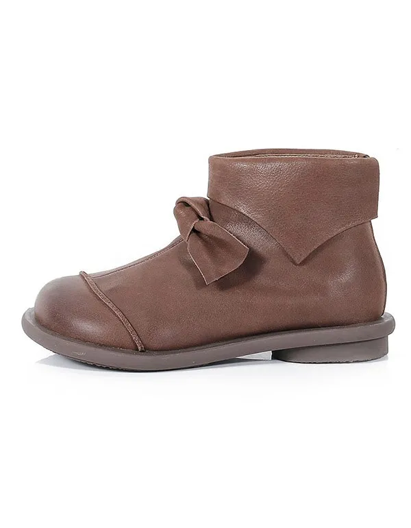 Hand-stitched Leather Bow-knot Comfort Flat Ankle Boots