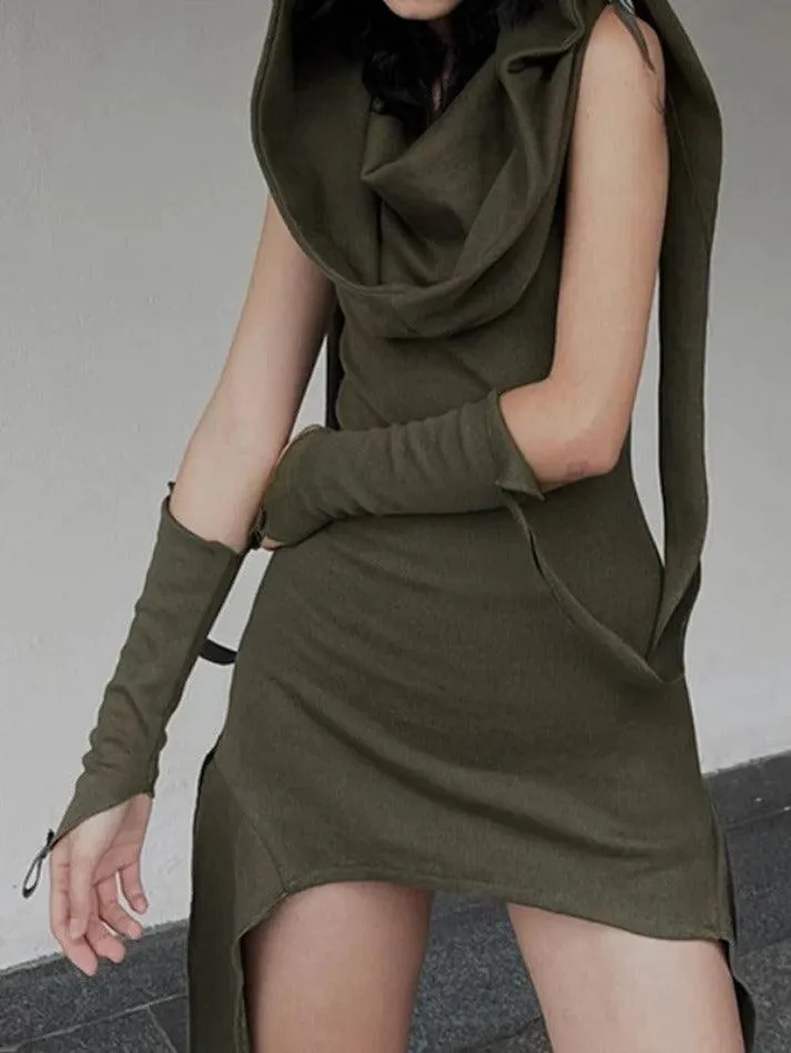 Hooded Stacked Irregular Hem With Sleeve Mini Dress