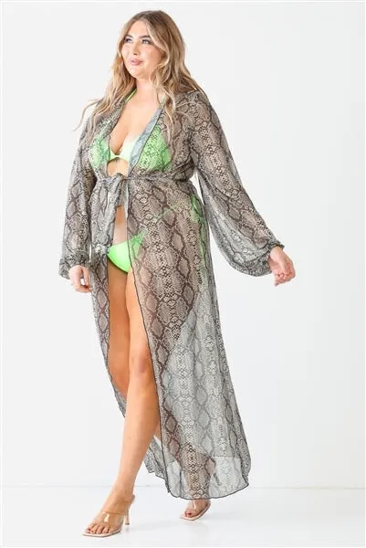 Junior Plus Snake Print Open Front Long Sleeve Kimono / Cover Up